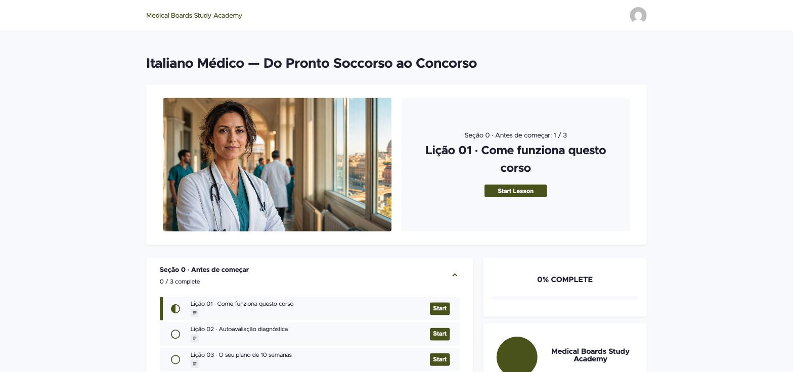 P&aacute;gina do curso Italiano M&eacute;dico na plataforma, com se&ccedil;&otilde;es, li&ccedil;&otilde;es e progresso