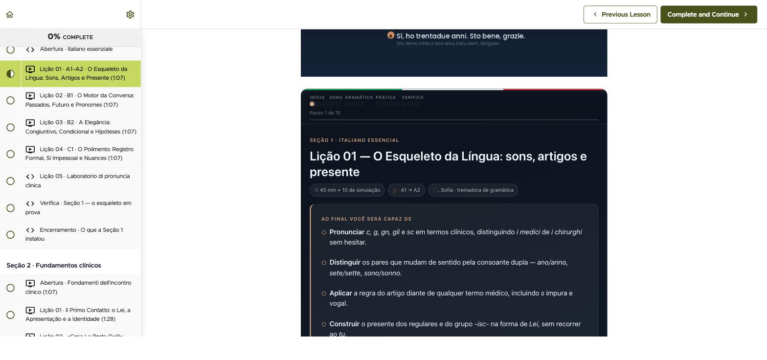 Interior de uma li&ccedil;&atilde;o do programa, com objetivos e passos