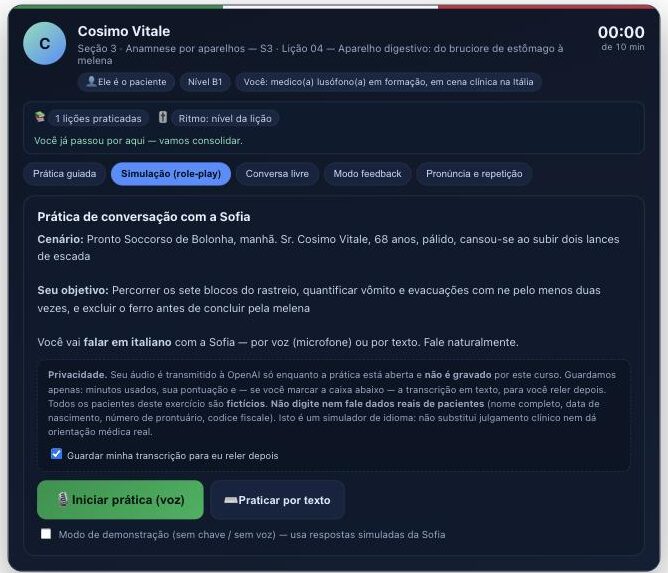 Estação de prática com a Sofia na Lição 04: cenário do paciente, objetivo da consulta e escolha entre voz e texto
